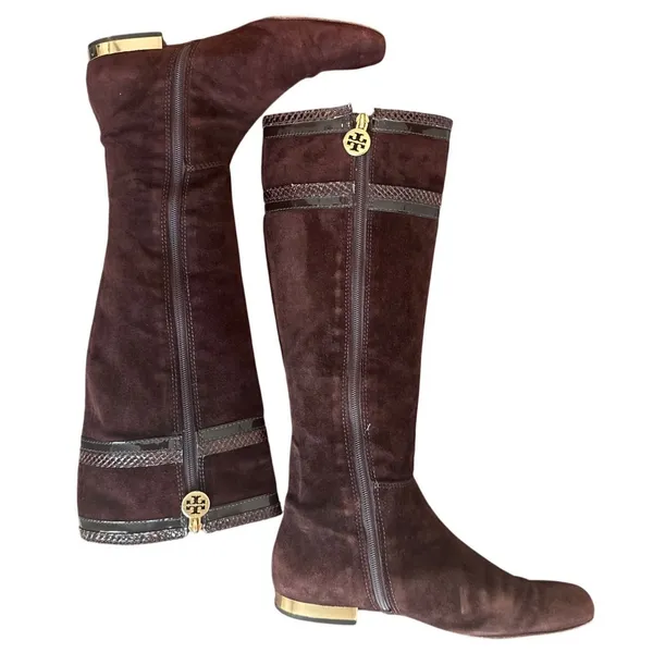 Tory Burch Brown Suede Riding Boots Snakeskin Gold Logo Knee High Sz 8 - Image 6