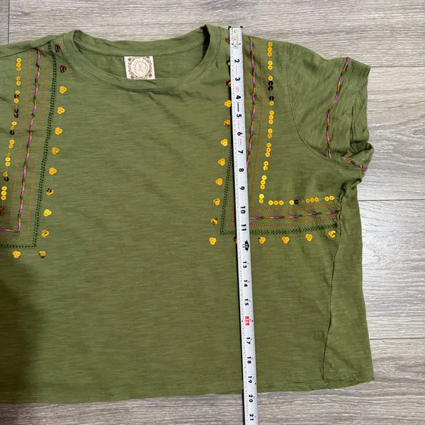 100% Cotton Women‎ Tee Size L Olive Green Embroidered Sequin Slub Crop Bohemian - Image 5
