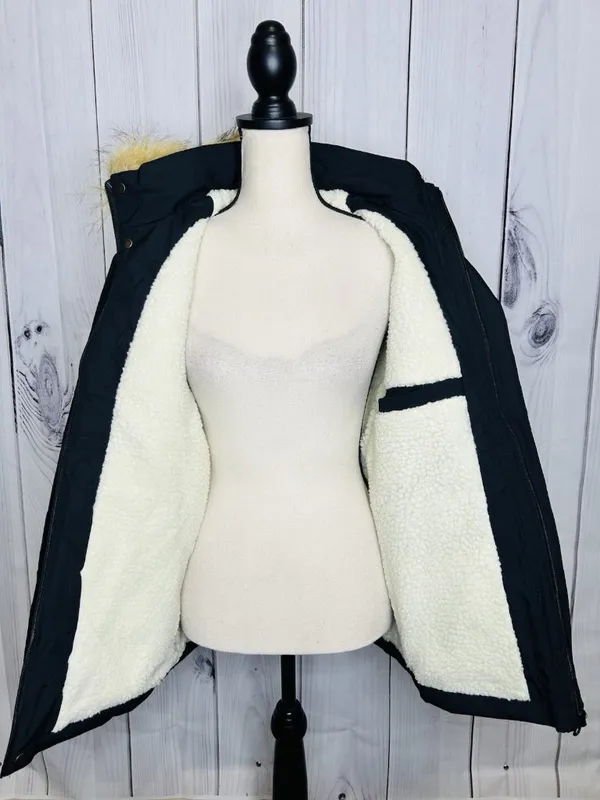 Leduntino Windbreaker Jacket Sz S Fur Hoodie Full Zip Black Sherpa Lined - Image 13