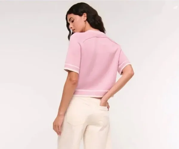 Abercrombie The Madeline Crewneck Knit Boxy Sweater Barbie Pink & White Small #1 - Image 10