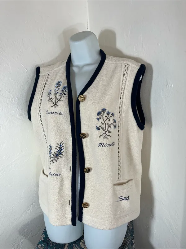 Cream Sleeveless Floral Knit Vest with Navy Trim - Image 2