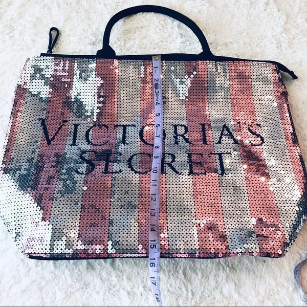 Victoria's Secret Limited Edition Pink & Silver Sequins Stripe Tote Bag Purse - Image 5