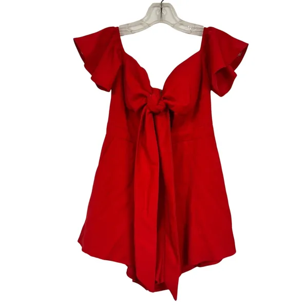 Runaway Red Off Shoulder Ruffled Romper Womens XS Coquette Bow Summer Party - Image 2