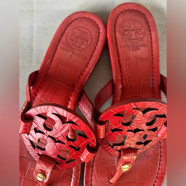 Tory Burch Red Embossed Leather Sandals - Image 2