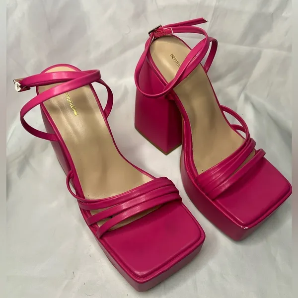 PrettyLittleThing Pink Square Toe Strappy Platform Heel Sandals Size 5 - Image 5