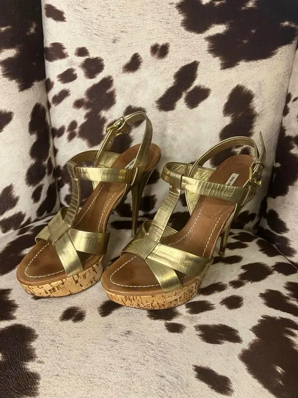 Miu Miu Metallic Gold Leather Cork Platform Heels - Image 2