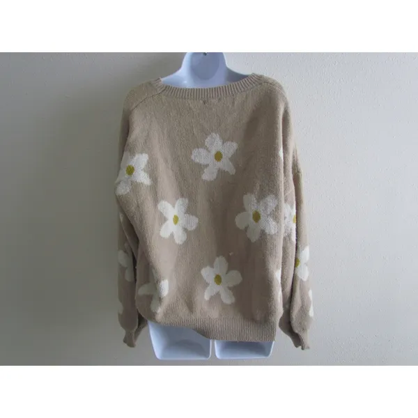 Debut‎ Floral Daisy Knit Sweater M/L Beige Crew Neck Boho Cottagecore CA9820-B - Image 2