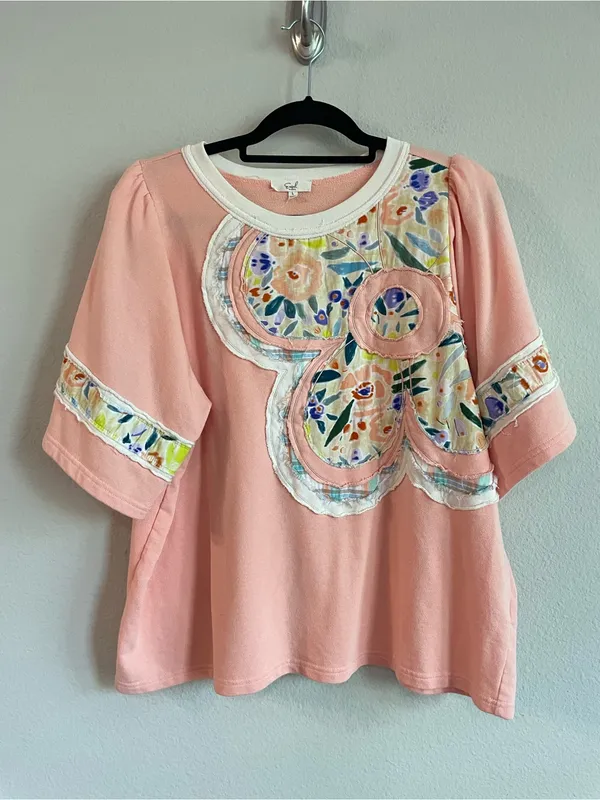 Easel Flower Patch Puff Sleeves Soft Washed Terry Knit Top Size Large - Image 2