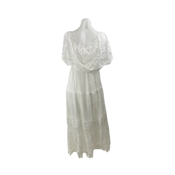 Womens White Embroidered Sheer Mesh Tiered Half Sleeve A Line Maxi Dress Size S - Image 4