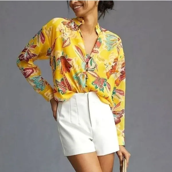 Pilcro Anthropologie Floral‎ Blouse Womens 1X Yellow Ruffle V-Neck - Image 4
