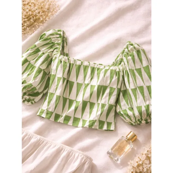 Anthropologie Maison d’Amé Paris Green White Geometric Puff Sleeve Crop Top L - Image 2