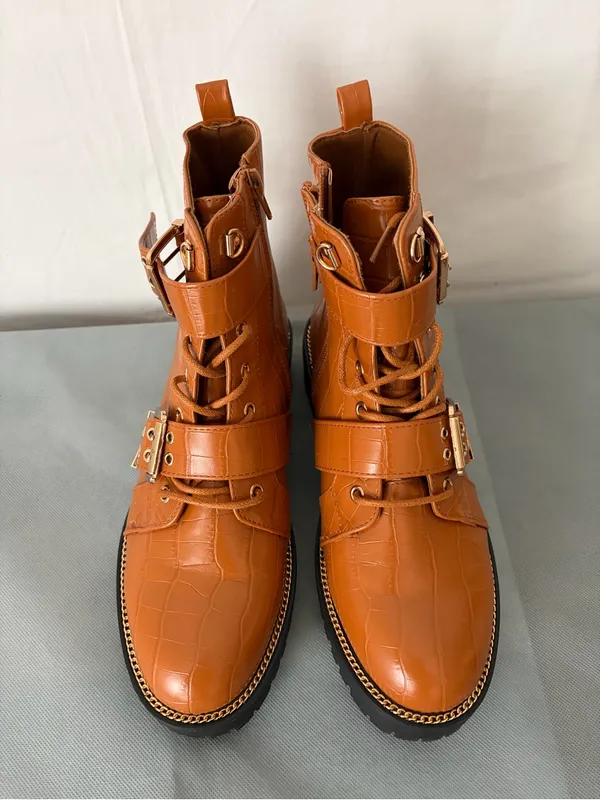 ASOS Design Brown Croc Embossed Combat Ankle Boots Buckle women’s size 7(B219) - Image 3