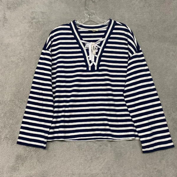 Madewell Top Womens Small‎ Blue White Lace Up Long-Sleeve Tee Stripe Navy NV911 - Image 2