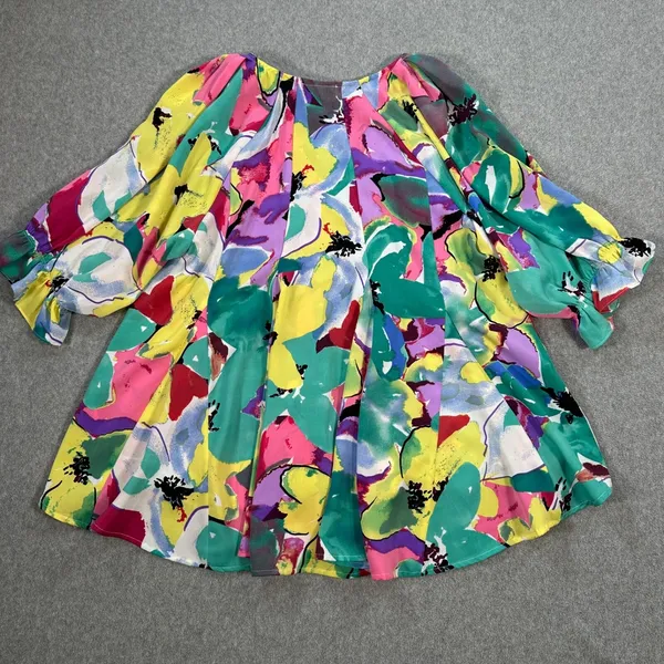 J Jordan Emerald Floral Pleated Blouse Women's Small Tunic Balloon Sleeve V-Neck - Image 9