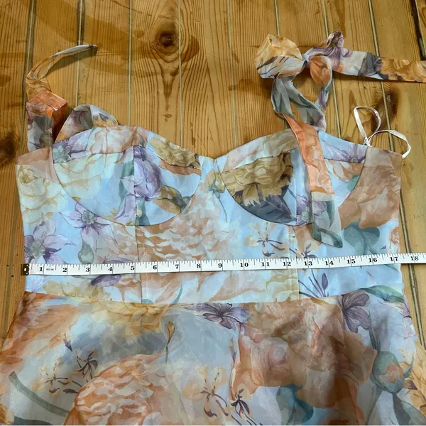 NWT Lulus Playfully Posh Blue Floral Organza Tie-Strap Tiered Midi Dress - Image 8