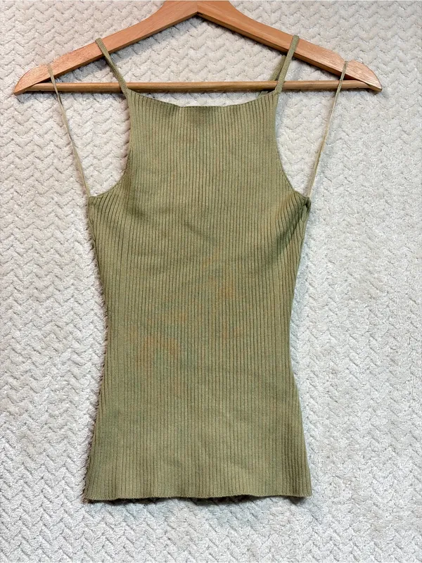 Zara Tan Ribbed Knit High Neck Halter Tank Top Small 90s Minimalist Y2K Cami - Image 5