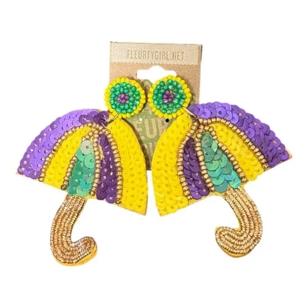 NEW New Orleans Parade Parasol Umbrella Statement Earrings MardiGras Sequin Bead - Image 2