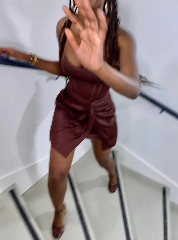 ZARA Bloggers Favorites Brown Topstiched Draped Dress - Image 10