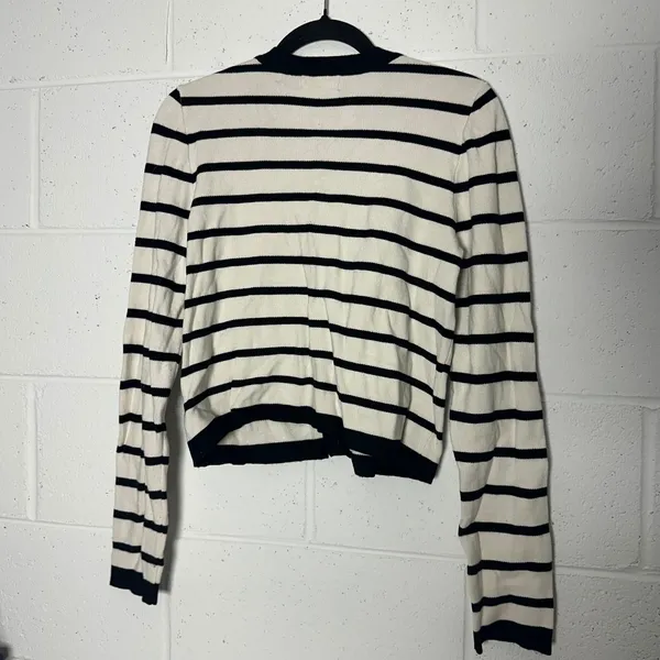 Marled Women Striped Cardigan Sweater White Black Gold‎ Crest Buttons Small prep - Image 6