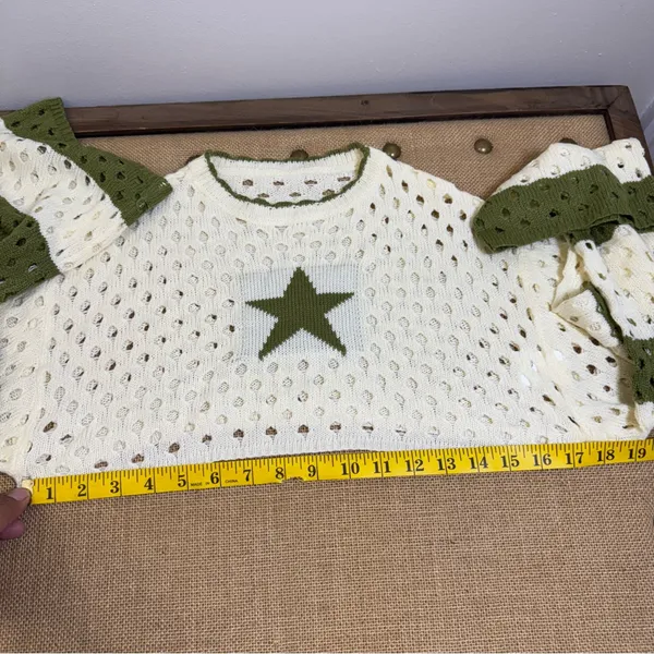 Star Crochet Knit Cropped Sweater Women Small Cream Green Long Sleeve Boho - Image 4