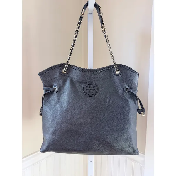 Tory Burch Marion Slouchy Whipstitch Tote Black Pebbled Leather Large - Image 10