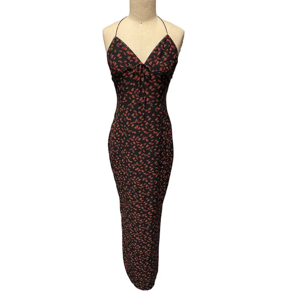 White Fox Black Floral Slip Dress Open Back Tie Maxi Small - Image 3
