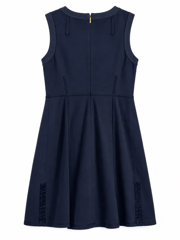 Tory Burch Addis Normandy Dress Womens Medium Navy Blue A-Line Pleated - Image 4