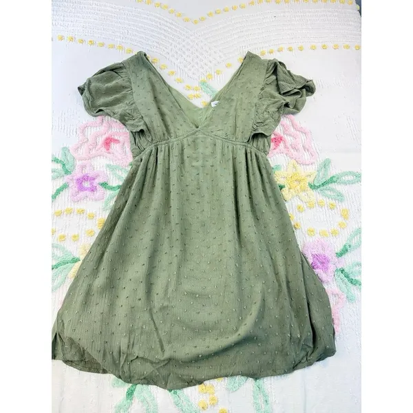 Magnolia Boutique Green Mini Dress Swiss Dot V‎ Neck Flutter Sleeve - Image 2