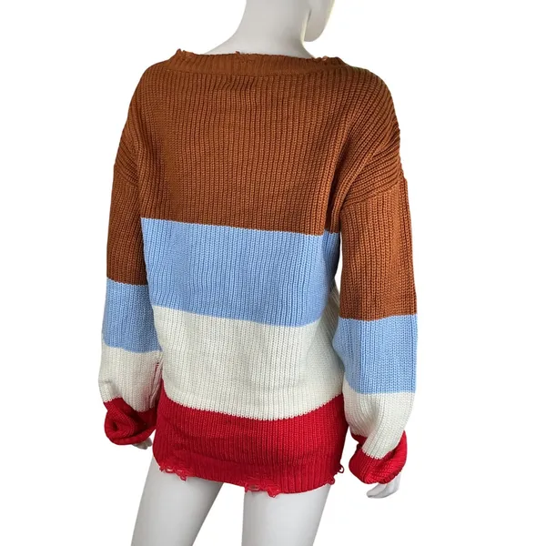 POL Striped V Neck Distressed Sweater‎ Size L Brown Blue White Red - Image 5