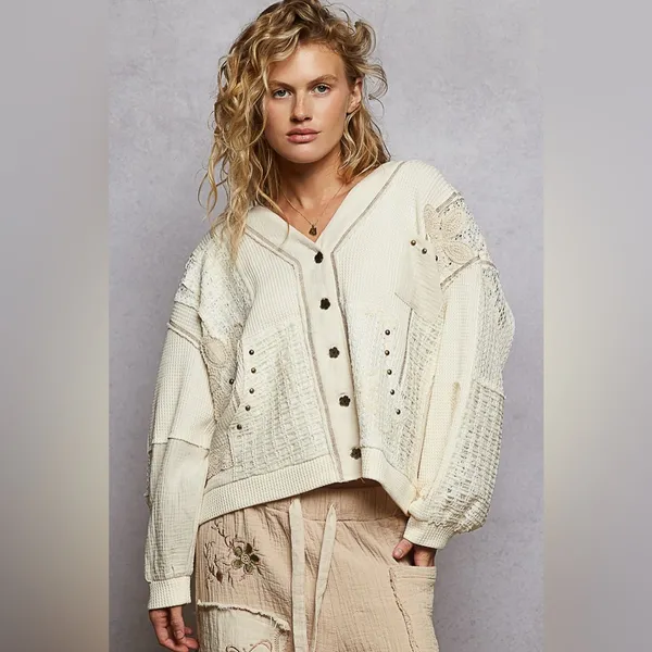 POL Lg Cream Patchwork V-Neck Button Front Cardigan - Image 5