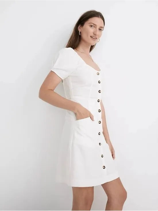 Madewell Linen-Cotton Puff-Sleeve Mini Dress in‎ Lighthouse Size 6 - Image 2