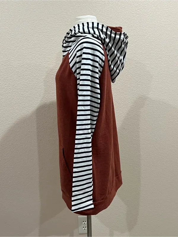Vanilla Bay Rust Orange Double-hood Navy Striped Sweatshirt Size Large - Image 4
