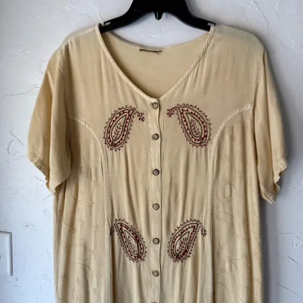 Vintage‎ Embroidered Paisley Button Front Dress Tan Beige Boho Midi L - Image 2