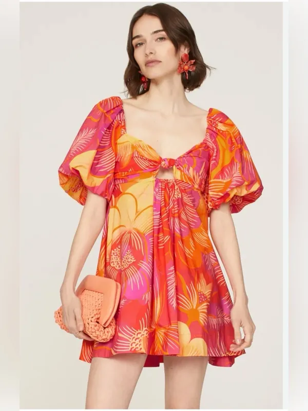Farm Rio Summer Garden Puff Sleeve Cut Out Dress Womens Sz Small New $185 - Image 2