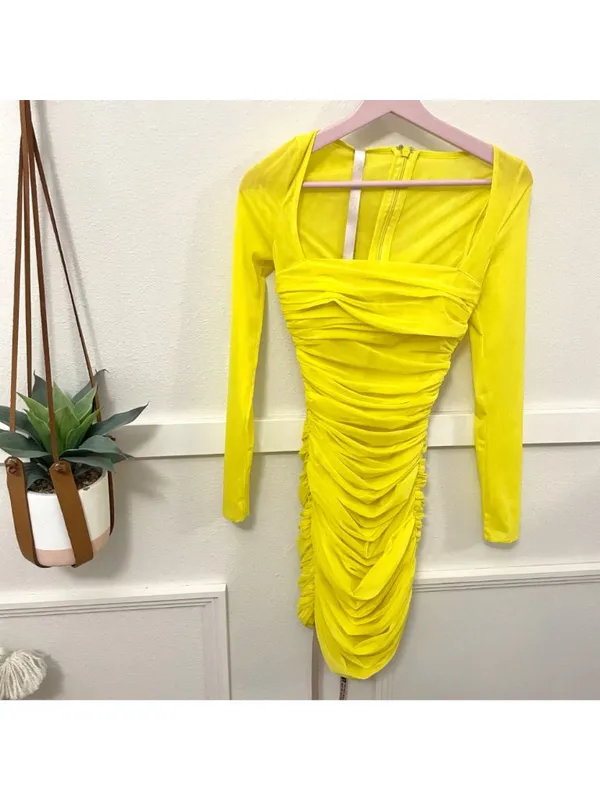 NWT House of CB London Valentina Chartreuse Ruched Mesh Dress Yellow Size XS - Image 2