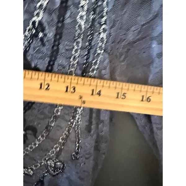 Vanity Y2k Womens Grey Lace Long Sleeve Mesh Cross‎ Chain Print Top Sm Grunge - Image 3