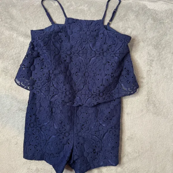 Lilly Pulitzer Celyn Romper Womens 8 Navy Blue Floral Lace Shorts Jumpsuit - Image 12