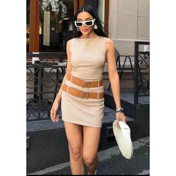 ZARA Women Beige Sleeveless Sheath Dress Boat Neck Belt Loop Detail Small NWT - Image 15