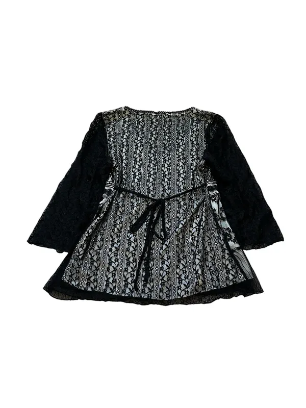 Vintage Black Lace Mesh Babydoll Top Sheer Sleeves Tie Back Y2K Goth Dark Fairy - Image 6
