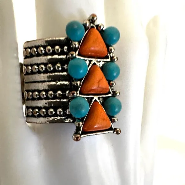 Blue and orange silver tone stretchy ring - Image 3