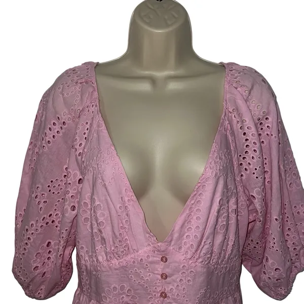 Sanctuary Pink Eyelet Maxi Dress Puff Sleeve Tiered Cotton Blend Size 6 V Neck - Image 4