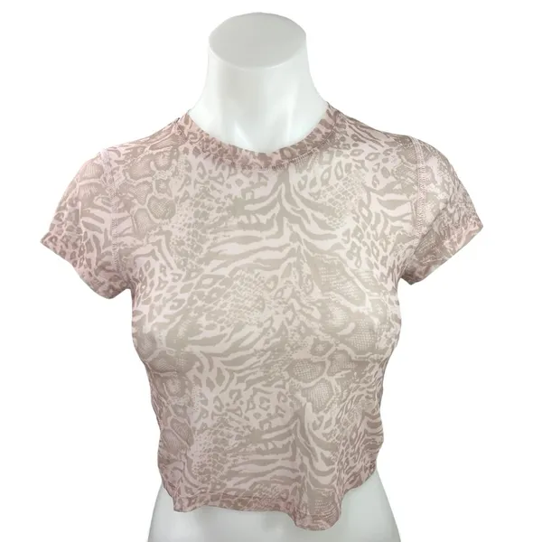 Aritzia TNA Brooklyn Pink Animal Print Mesh Sheer Crew Short Sleeve Crop Top S - Image 2