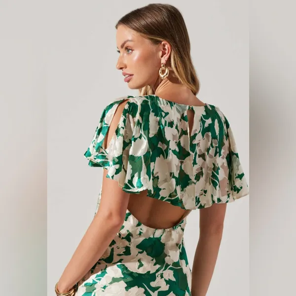ASTR‎ the Label Velvet Burnout Midi Dress XS Green Floral Open Back Thigh Slit - Image 8