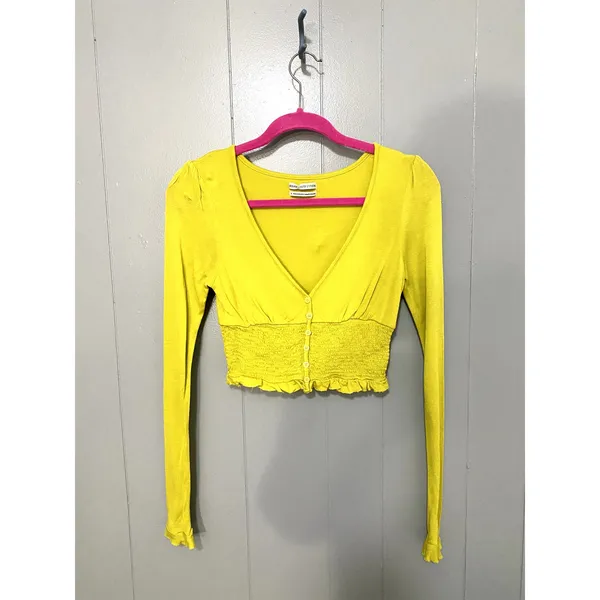 Urban Outfitters Chartreuse Bayside Smocked Button-front Cropped Blouse S - Image 2