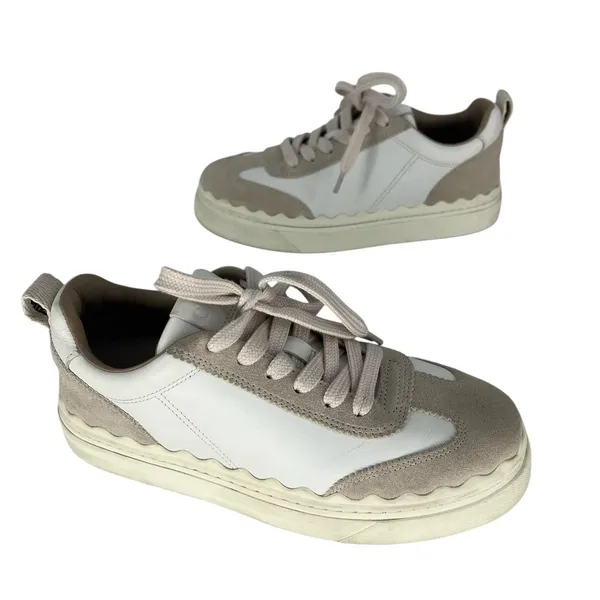 Chloé‎ Lauren Leather Suede Platform Sneakers White Beige 37 - Image 6