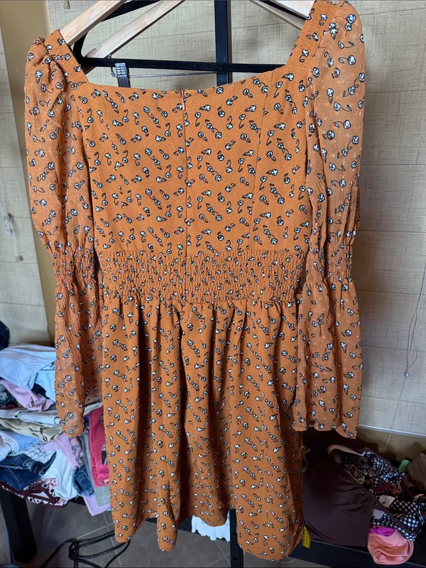 NWOT T.B.F.O Rust Orange Ditsy Floral Smocked Mini Dress Size Medium - Image 7