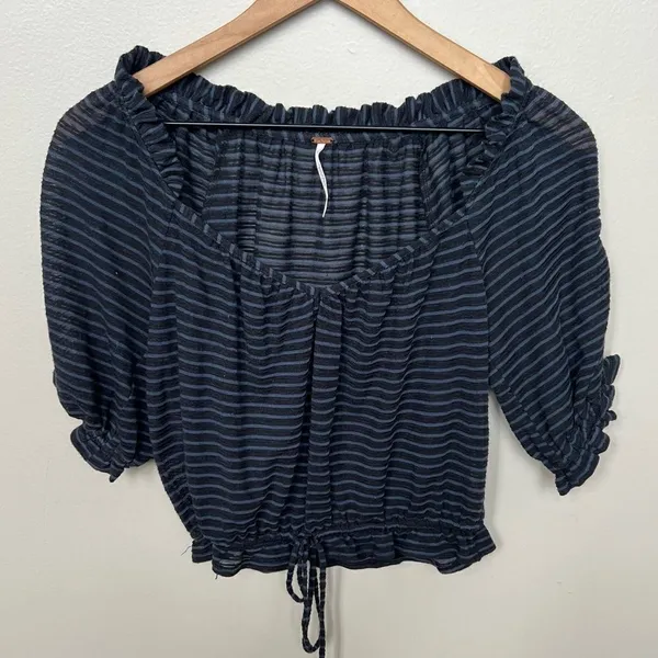 Free People Dorothy Cropped Top Peasant Style Black Blue Navy Stripe Size XS - Image 6