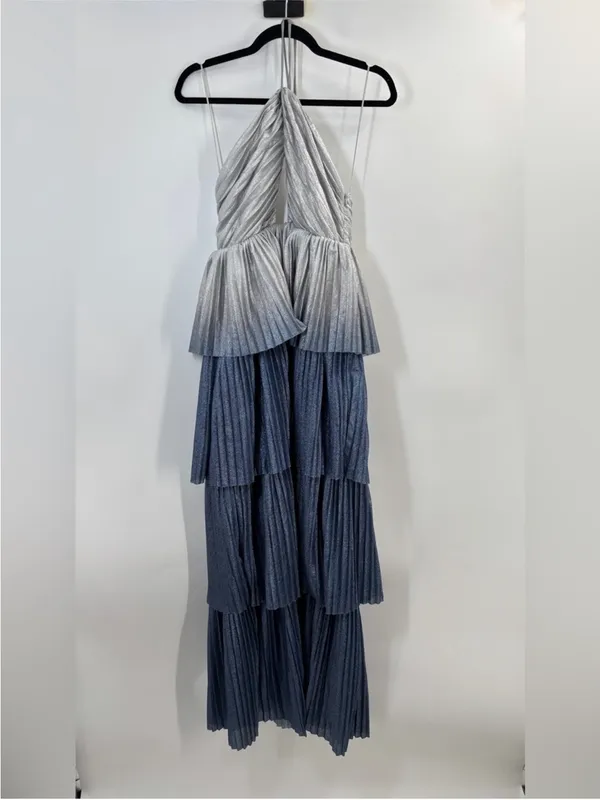 NEW Line & Dot Oracle Maxi Dress Denim Blue Halter Tiered Ruffle Formal Gown - Image 4