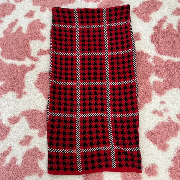 🔥 Y2K Red Houndstooth Plaid Knit Tube Mini Dress / Mini Skirt 🔥 Strapless Bodycon Coquette McBling Holiday Baddie - Image 4
