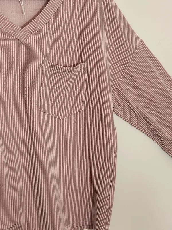 Kirundo Dusty Pink Ribbed Knit Oversized V-Neck Top Size XL - Image 5